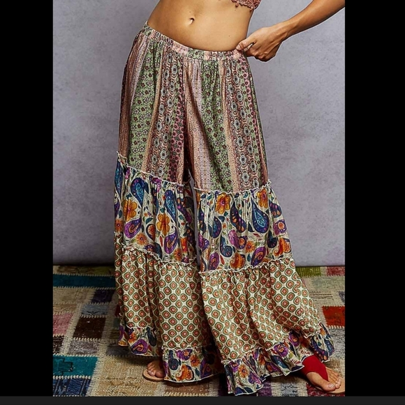 POL Boho Wide-Leg Palazzo Patchwork Pants - Beige, Green & Multicolor - Picture 6 of 7